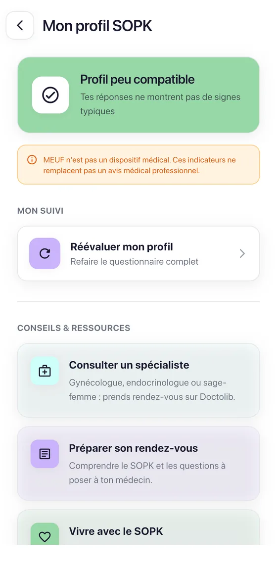 Écran Mon profil SOPK dans Meuf : résultat du questionnaire, rappel que l'app n'est pas un dispositif médical et ressources pour consulter