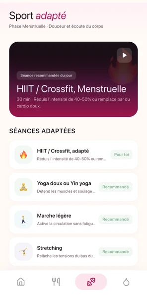 Écran sport de Meuf en phase menstruelle : séance HIIT adaptée, yoga doux, marche légère et stretching recommandés