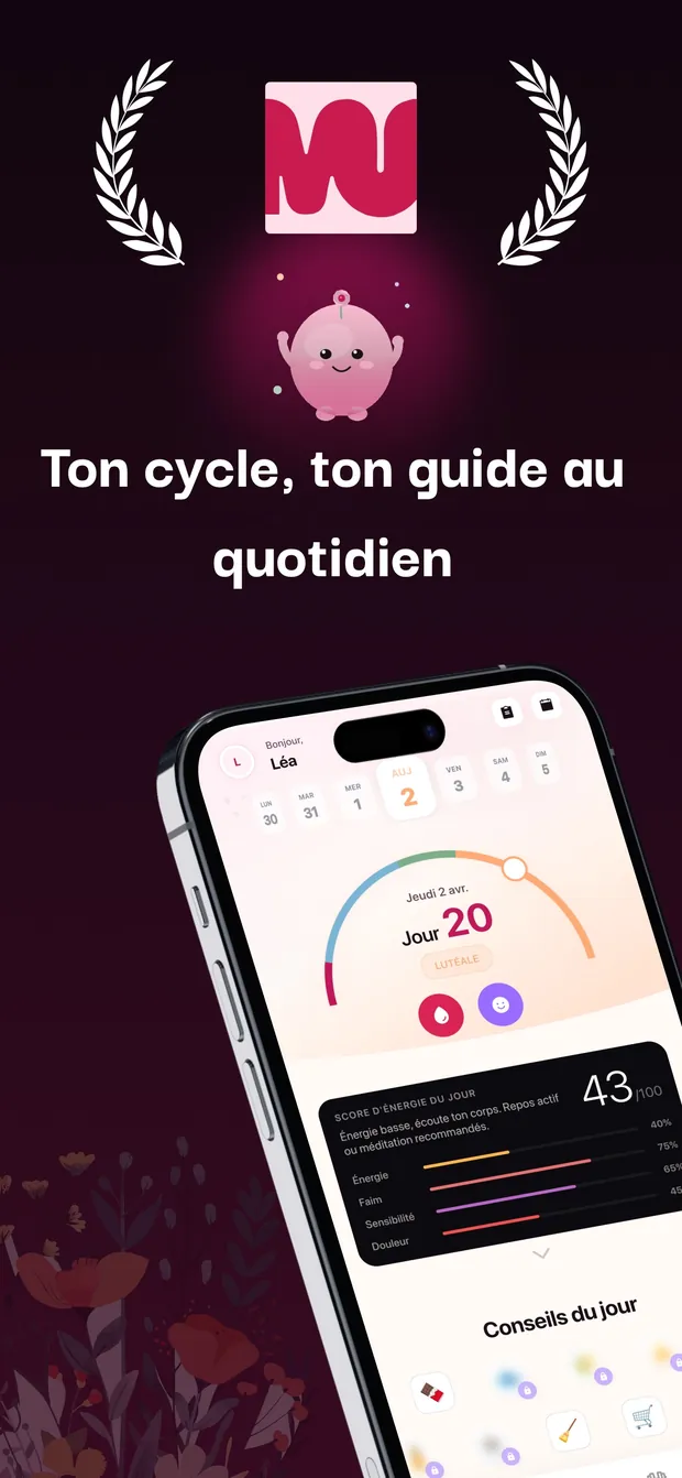 Écran d'accueil de Meuf : jour 20 du cycle, phase lutéale et score d'énergie du jour à 43/100